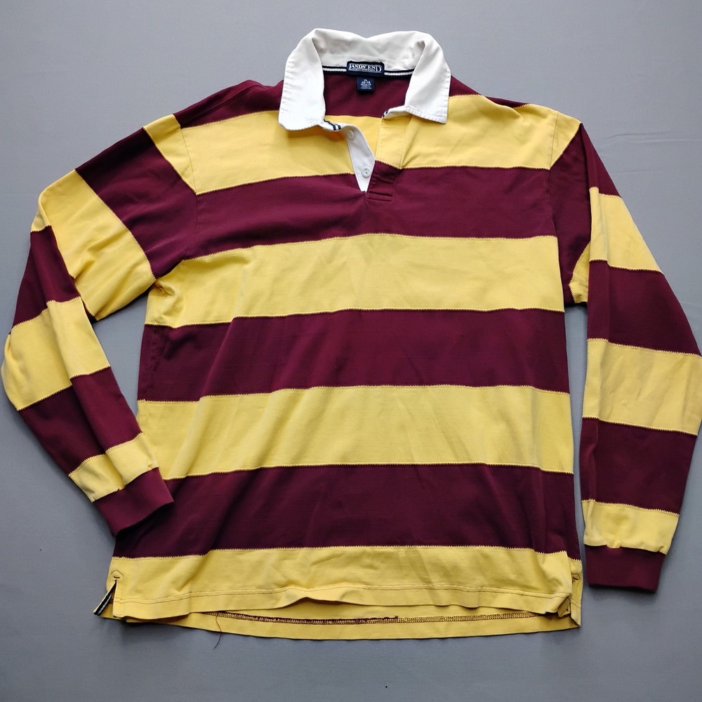 Lands End Mens XL Rugby Shirt Long Sleeve Striped Maroon Yellow Cotton